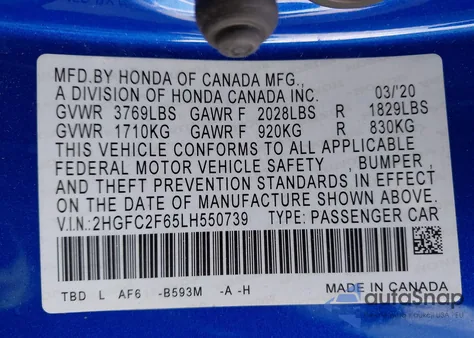 2020 Honda Civic Lx from USA, damaged, VIN 2HGFC2F65LH550739